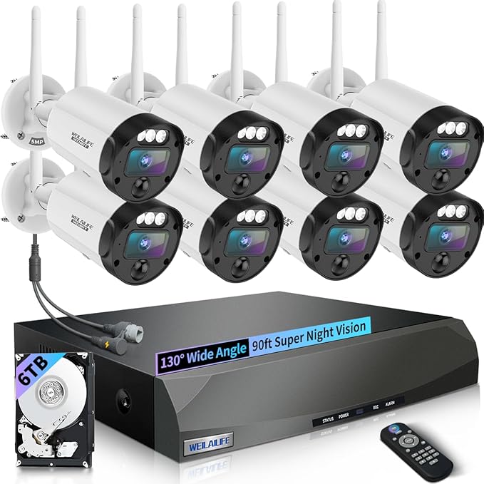 【90ft Super Night Vision】 5MP Outdoor Wireless Security Camera System, Wireless Cameras for Home Security, Home Video Security Cameras, WiFi Surveillance DVR Kits