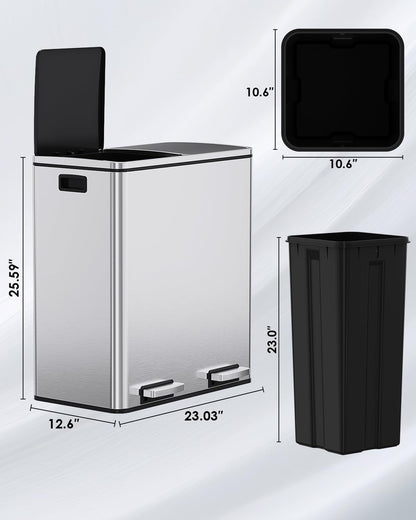 Arlopu 16 GallonStainless Steel Trash Can, 60L Dual Compartment, Metal Kitchen Step Recycle Bin, Metal Double Dustbin, in-Home Garbage Rubbish Can W/Removable Liner Buckets (Silver)