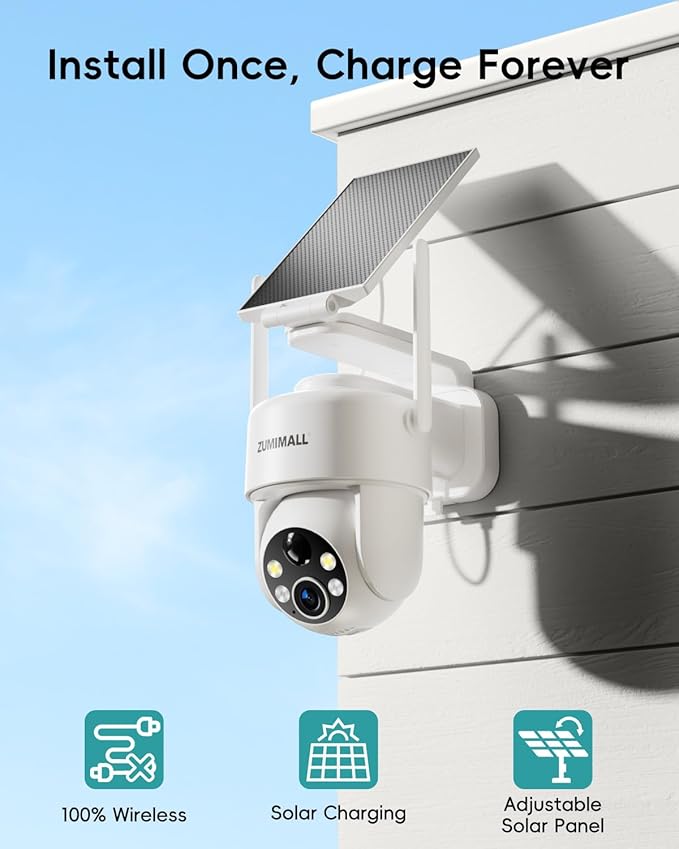 ZUMIMALL 2K Solar Security Cameras Wireless Outdoor | 360° Cameras for Home Security | 2.4G WiFi, AI Detection, Color Night Vision, 2-Way Talk, SD/Cloud Storage, 2 Methods Installation, Support Alexa
