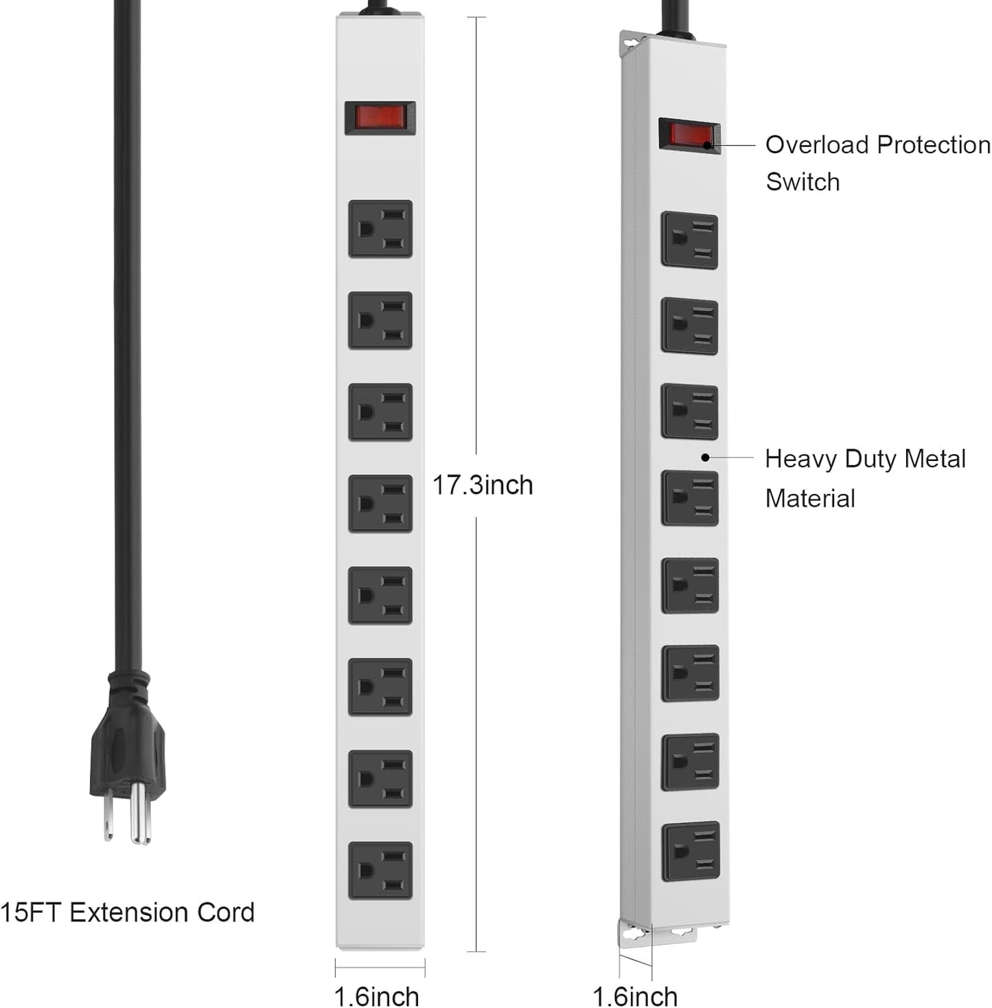 JUNNUJ Metal 8 Outlet Power Strip, Mountable Heavy Duty Power Strip, 1200J Surge Protector Wall Mount Screws Outlet with Switch, Gaming Desk Strips Wide Spaced 15A 125V 1875W, 15 FT 14AWG Power Cord