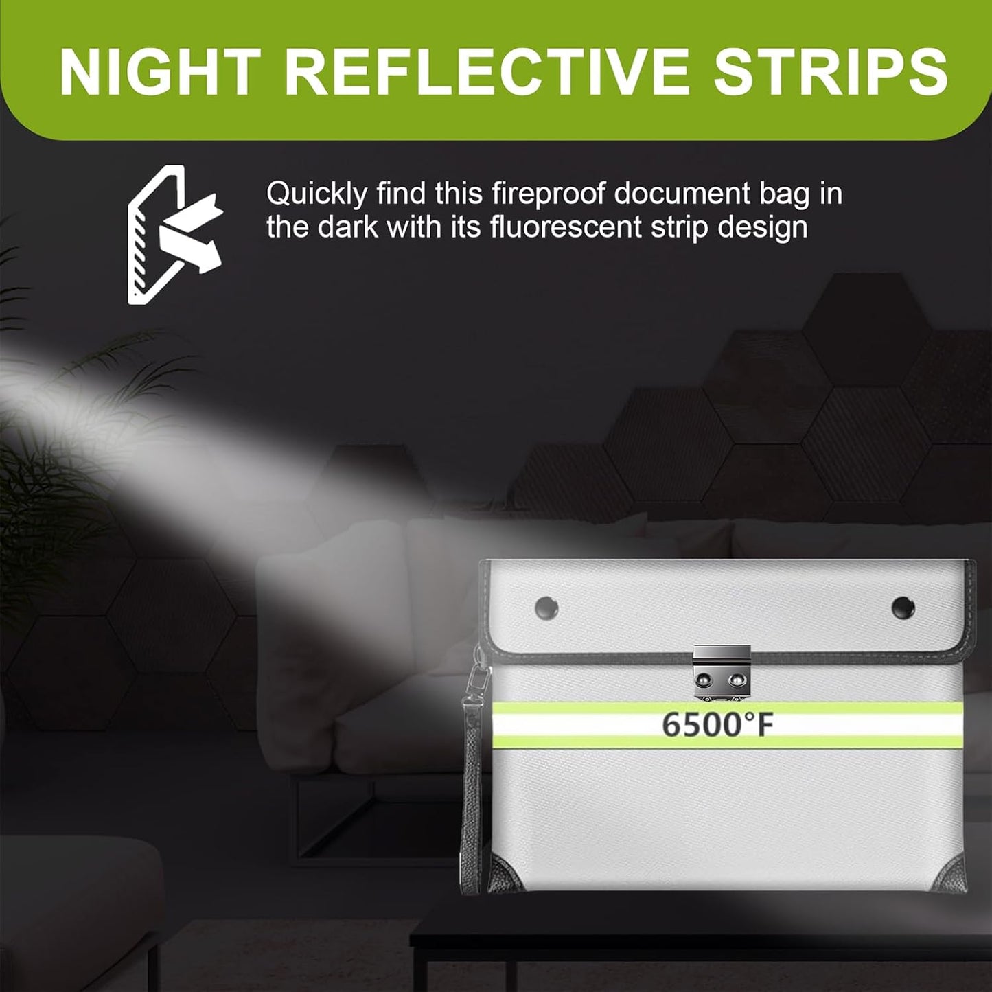 2025 Upgraded Fireproof Document Bag with Lock, 6500°F Fireproof/Waterproof Money Bag with Zipper/Reflective Strip,Storage Pouch for A4 Letter Size Document,Cash,Cell Phone,Passport