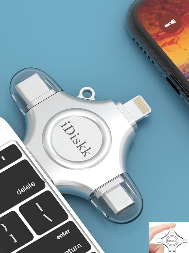 MFi Certified iDiskk 128GB Flash Drive for iPhone 17 16 iPad USB 3.0 Lightning Drive 4 in 1 Multi Functional External Storage for iOS and Android Samsung Phones Type c Devices and MacBook Photo Drive