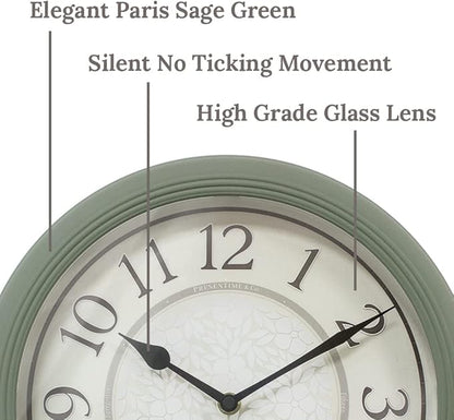 Presentime & Co. 12.6" Illuminated Farmhouse Wall Clock, Silent Battery Operated Night Light Wall Clock with Smart LED Sensor for Living Room, Bathroom, Kitchen, Home Office, Sage Green