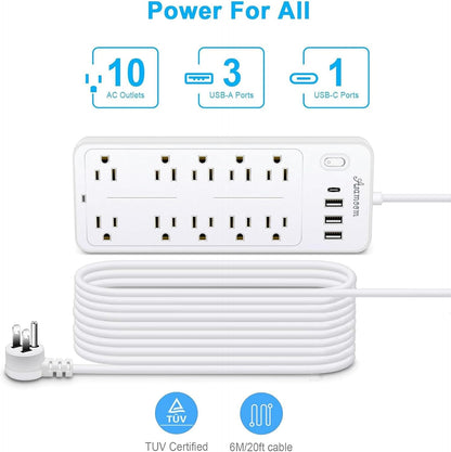 20FT Power Strips with Surge Protection 1625W/13A, 10 Outlets with 4 USB Ports (1 USB C) Long Extension Cord with Multiple Outlets 14-in-1 1700J 16Awg Flat Plug Power Strip Protector White ETL Listed