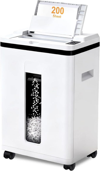 200-Sheet Auto Feed Paper Shredder, 40 Min Non-Stop Heavy Duty Shredders, P-5 Ultra Security Commercial Paper Shredder for Home Office, Micro Cut Shredder with Casters, 5.8 Gal, <60 dB(White)