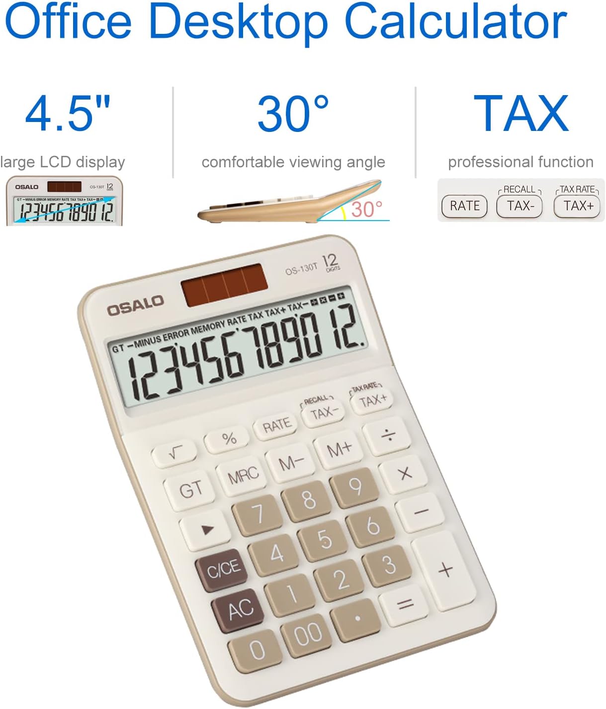 Pendancy 12 Digit Office Calculator Desktop with Tax+/- for Advanced Tax Calculation, Large LCD Display Big Buttons, Dual Power Durable Portable Design, for Financial Accounting Business Use
