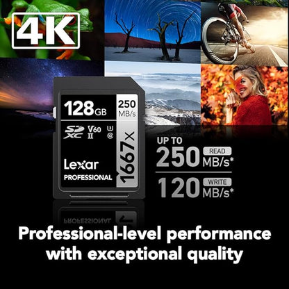 Lexar 128GB (2-Pack) Professional 1667x SD Card, UHS-II, C10, U3, V60, Full HD, 4K, Up To 250MB/s Read SDXC Memory Card, for Professional Photographer, Videographer, Enthusiast (LSD128CBNA16672)