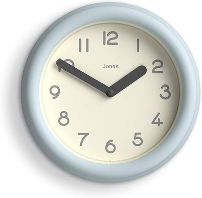 JONES CLOCKS® Fuze Wall Clock | Small Round Clock | Pale Blue | Playful Modern Design with Soft sculptural Presence | Ideal for Kitchens Living Rooms Kid's bedrooms