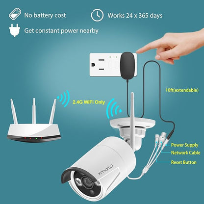 XMARTO Wireless Security Camera System 10CH 6PC 2K Wireless Security IP Camera System(Built-in Router, Plug N Play, Mobile View, Night Vision, Built-in Audio Mic)