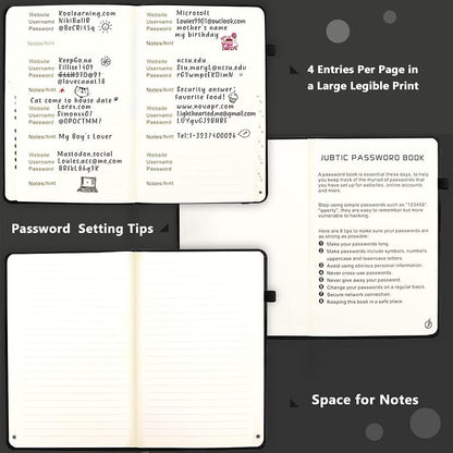JUBTIC Password Book with Alphabetical Tabs Medium Size Password Keeper Logbook for Internet Log in Website Address Detail. Hardcover Password Notebook Journal & Organizer for Home Office, Black
