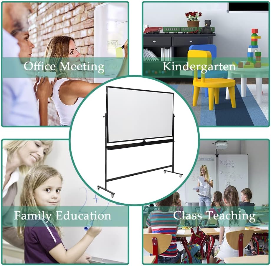 72" x 40" Height-Adjustable Mobile Whiteboard | Double-Sided Magnetic Dry Erase Board on 360° Rolling Stand | Large Reversible Black Whiteboard for Office, Classroom & Home