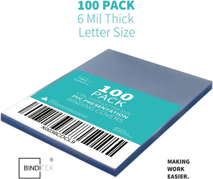 Binditek 100 Pack 6 Mil PVC Binding Report Covers, 8.5 x 11 Inches, Letter Size, Square Corners, Un-Punched, Office Supplies