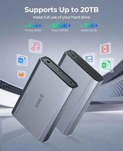 ORICO Aluminum 3.5 Hard Drive Enclosure with USB 3.2 Gen 2 6Gbps Transfer Speed, Fit for 3.5/2.5 Inch SATA HDD SSD Up to 20TB, USB C to USB C/A 2 in 1 Cable Compatible with MacBook Windows(DD35-C3)