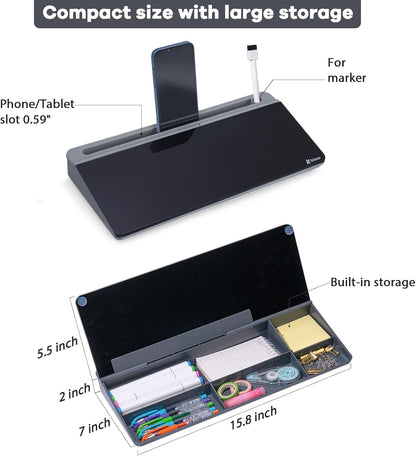 Varhomax Glass Desk Whiteboard with Storage, Desktop Organizer to-do List Memo Notepad Dry Erase White Board for Home Office and School Supplies (Gray&Black)