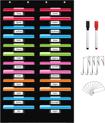 REGELETO 24 Pocket Storage Chart with Nametag Pockets, Hanging Wall File Organizer for Classroom and Office, Black