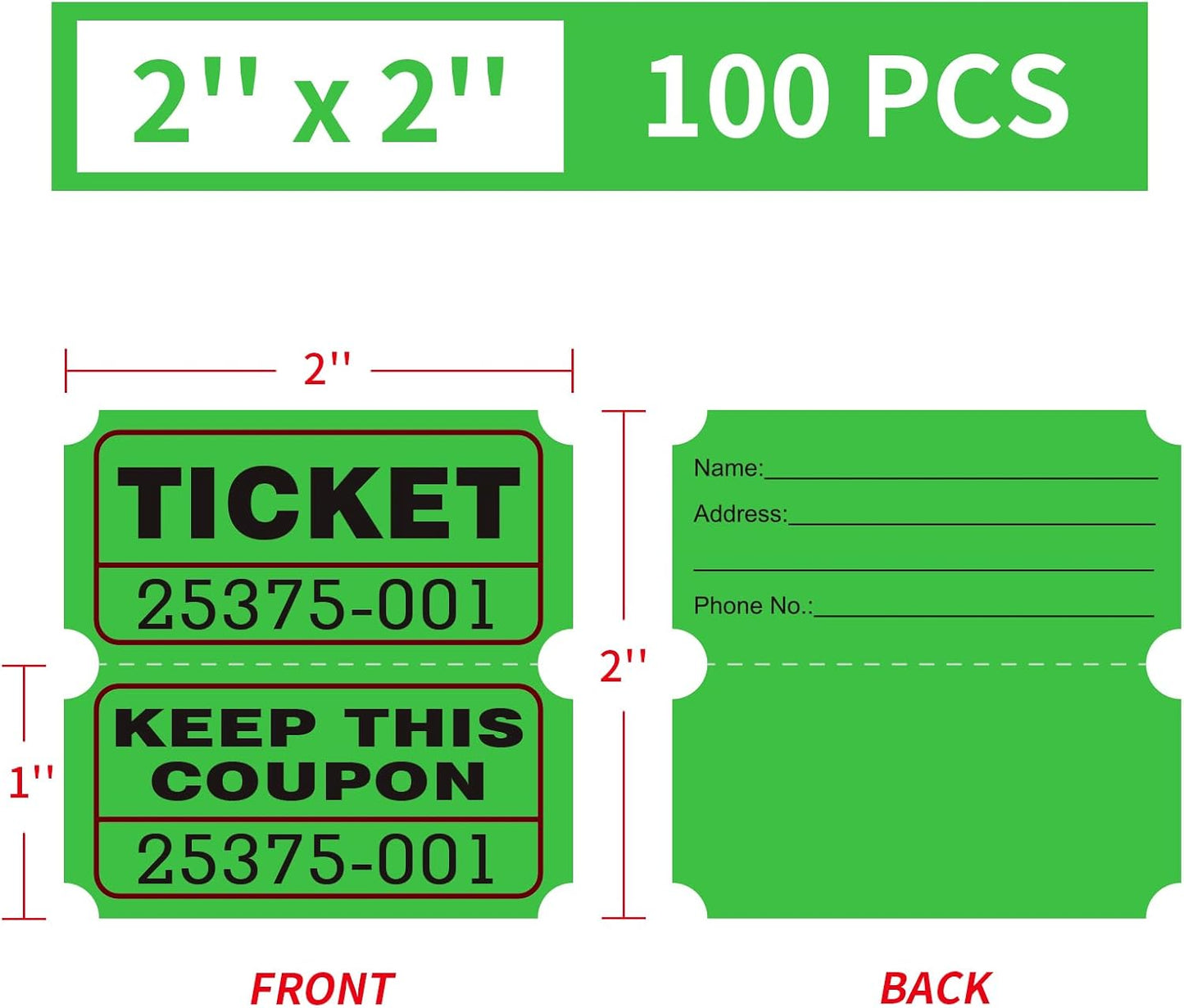 DGBDPACK 100 Raffle Tickets, 50/50 Double Ticket, Bold Numbers for Easy Reading, Ticket for Events, Entry, Class Reward & Prizes -Green