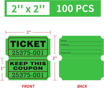 DGBDPACK 100 Raffle Tickets, 50/50 Double Ticket, Bold Numbers for Easy Reading, Ticket for Events, Entry, Class Reward & Prizes -Green