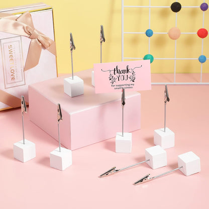 20 Pcs Cube Base Memo Clip Holder with Alligator Clip Wood Table Number Holder Cube Base Place Card Stand Mini Photo Menu Stand for Displaying Number Card(White)