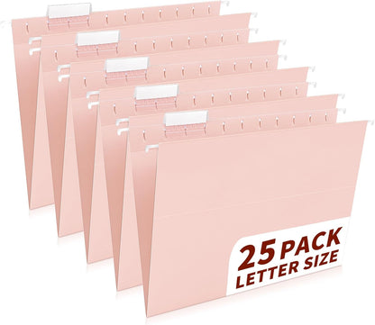 25-Pack Pink Hanging File Folders, Letter Size (8.5" x 11") with 1/5-Cut Tabs,25 Transparent Label Cards & 25 Sticker Labelsfor Home & Office Organization