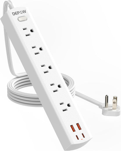 Power Strip Surge Protector with 5 AC Outlets(1875W/15A) 4 USB Ports (2 USB C), 5 Ft Ultra Thin Extension Cord, Low Profile Flat Plug, 1700 Joules, Wall Mount for Home Office, White