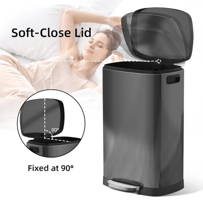 KUK 13 Gallon Kitchen Trash Can with Lid, 50L/13Gal Office Step Garbage Can for Home, Kitchen, Laundry Room, Office, Brushed Stainless Steel, Titanium Black