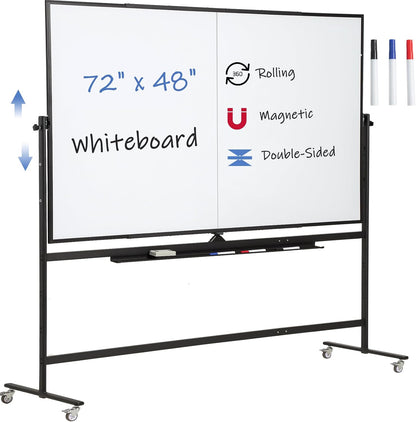 Large Magnetic Mobile Whiteboard 72"x48", Rolling Double Sided Stand Whiteboard on Wheels, Reversible Adjustable Height/Angle Dry Erase Board 6' x 4' Easel White Board for Office Classroom, Black