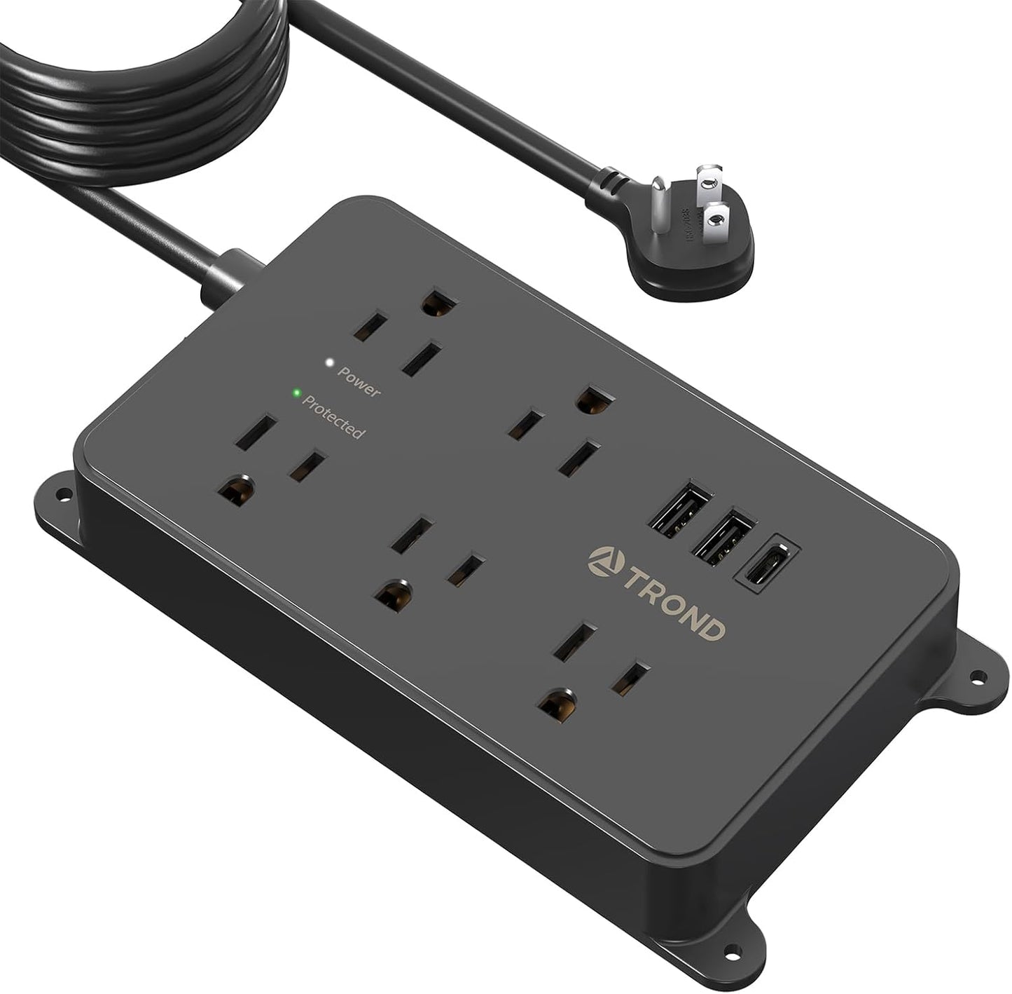 TROND Surge Protector Power Strip, 15ft Long Extension Cord, ETL Listed, 5 Widely Spaced AC Outlets, 2 USB A and 1 USB C, 1300J, Low-Profile Flat Plug, Wall Mountable, for Kitchen Office, Black