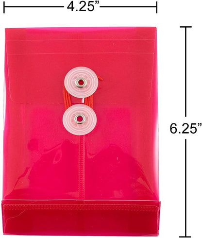 JAM PAPER Plastic Envelopes with Button & String Tie Closure - 4 1/4 x 6 1/4 - Pink - 12/Pack