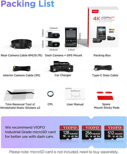 VIOFO A229 Pro 3 Channel 4K HDR Dash Cam, Dual STARVIS 2 Sensors IMX678 & IMX675, 4K+2K+1080P Front Inside and Rear Triple Car Camera, 5GHz WiFi GPS, Voice Control, 24H Parking Mode