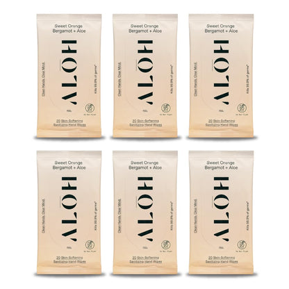 ALŌH Sweet Orange Bergamot + Aloe Sanitizing Hand Wipes - Clean Hands, Clear Mind - On The Go Hand Sanitizer Wipes for Kids and Adults - Travel Size 6 Packs 20ct Wipes (120 wipes)