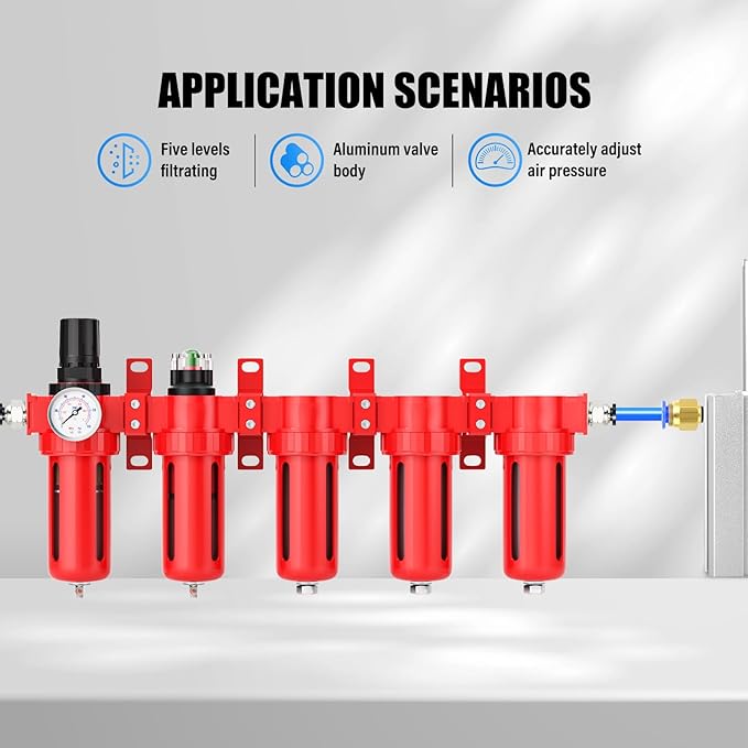 1/2" NPT Industrial Grade 5 Stage Aluminum Air Drying System, Coalescing Filter, Particulate Filter, Triple Desiccant Dryer and Air Regulator, Manual Drain For Plasma Cutter and Paint Spray