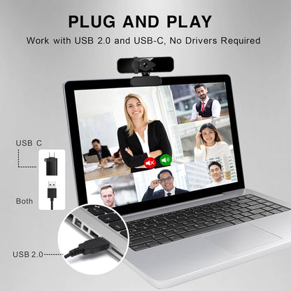 2K Ultra HD Webcam, Computer Camera for PC Monitor Laptop Desktop - External Web Cameras with Microphone, USB C Adapter, Privacy Cover for Video Conferencing, Streaming & Online Learning
