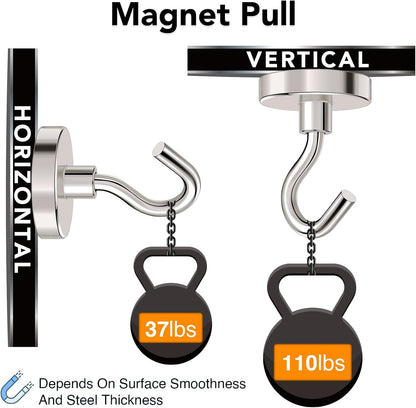 MIKEDE Magnetic Hooks Heavy Duty, 110Lbs+ Super Strong Magnet Hooks for Cruise, 4 Pack Neodymium Earth Magnets with Hook for Hanging, Magnetic Metal Hanger for Toolbox, Storage