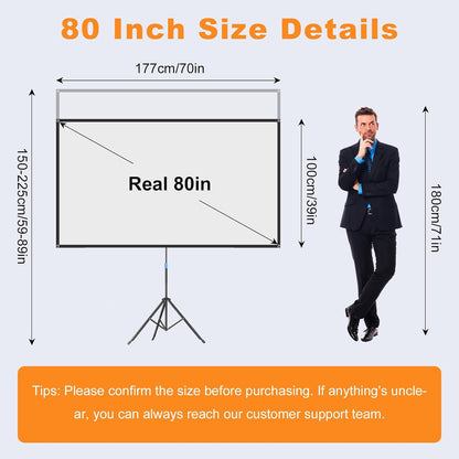 Projector Screen with Stand, 80 Inch Portable Projector Screen Outdoor Indoor, 1.2 Gain Fiberglass Projection Screen, 16:9 Outdoor Movie PVC Screen with Carrying Bag for Movie Night (White Screen)