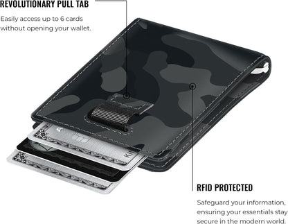 Kings Loot Money Clip Slim Minimalist Wallet for Men – RFID Blocking Leather Design with Money Clip – Front Pocket Bifold Holds 12 Cards – Stylish & Compact Wallets (Camo Black)