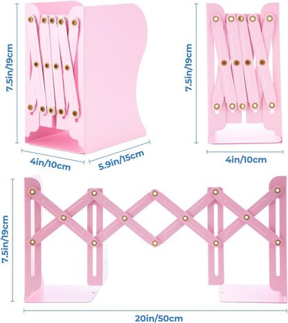 M&G Adjustable Bookends Book Ends for Shelves, Metal Bookend for Heavy Books, Desk Magazine File Organizer Holder Extends up to 20in, Book Stopper for Home, Office, Classroom (Pink)