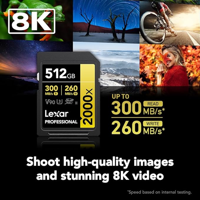 Lexar 512GB Professional 2000x SDXC Memory Card, UHS-II, C10, U3, V90, Full-HD & 8K Video, Up to 300MB/s Read, for DSLR, Cinema-Quality Video Cameras (LSD2000512G-RNNNU)