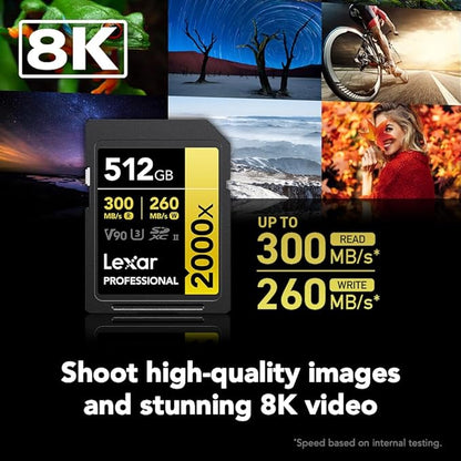 Lexar 512GB Professional 2000x SDXC Memory Card, UHS-II, C10, U3, V90, Full-HD & 8K Video, Up to 300MB/s Read, for DSLR, Cinema-Quality Video Cameras (LSD2000512G-RNNNU)