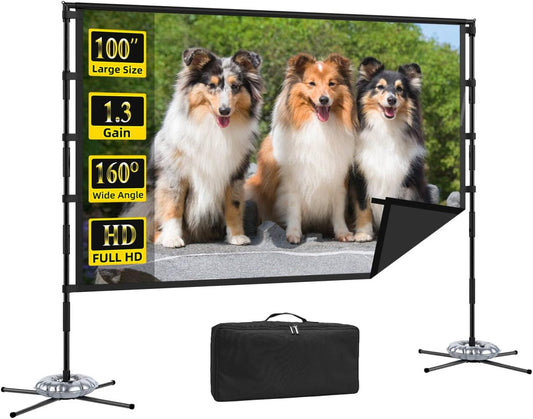 Outdoor Projector Screen and Stand,XINLEMY 100-inch Portable Wrinkle-Free Indoor Projection Screen Foldable Black Backing 16:9 HD Movie Screen Setup Quick for Home Theater Backyard Party Camping