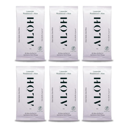 ALŌH Lavender Rosewood + Aloe Sanitizing Hand Wipes - Clean Hands, Clear Mind - On The Go Hand Sanitizer Wipes for Kids and Adults - Travel Size 6 Pack, 20ct (120 wipe)