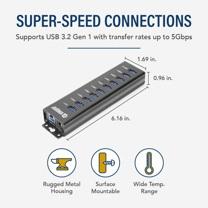 10-Port USB 3.2 Gen 1 Mountable Charging and SuperSpeed Data Hub with 5V/4A Power Adapter and USB Type-A to Type-B Cable Up to 900mA per Port Charging Function Wall and Surface Mounting