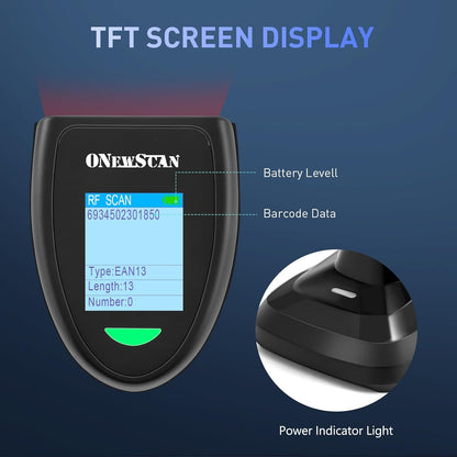 Barcode Scanner Wireless 1D, ONEWSCAN Barcode Reader with Smart Charging Base Stand 2.4G Wireless & USB Wired Connection Plug and Play Handheld Bar Code Scanners with Screen