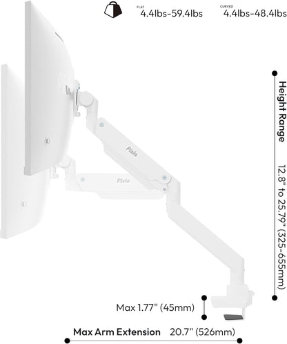 Pixio PS2S Titan White Ultrawide Mega Heavy-Duty Premium Single Monitor Arm Stand fits up to 57 inch Monitors Holds up to 59.4lbs VESA Compatible Integrated Cable Management