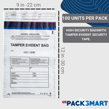9”x12" Clear Plastic Deposit Bags with Security Tape Tamper Evident - Secure Bank Deposits, Cash Handling, & Currency Transport | Self-Sealing Tape with Hidden Graphics | 100-Pack