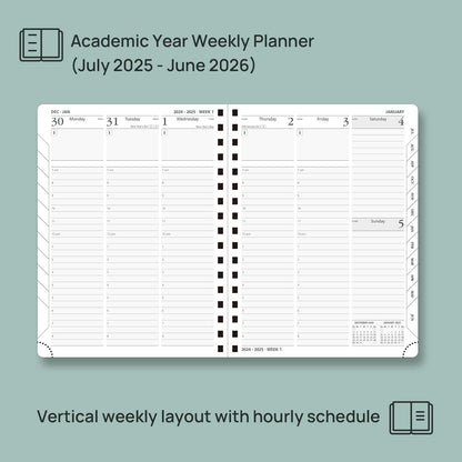 POPRUN Planner 2025-2026 (Medium - 6.5'' x 8.5'') Academic Weekly Calendar (July 2025 - June 2026) with Hourly Time Slots, Monthly Tabs, 100GSM Thick Papers, Spiral Leather Cover - Grey
