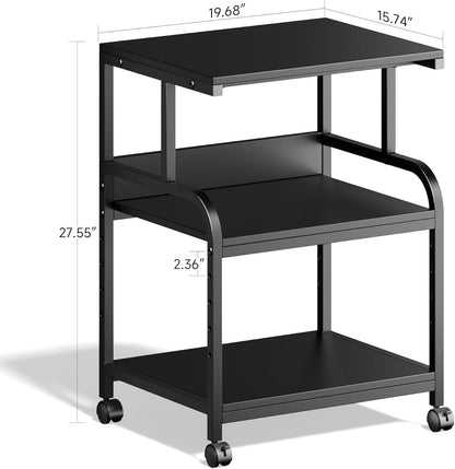 Warmiehomy Printer Stand, 19.68×15.75×27.55 Printer Table with Adjustable Storage Shelf, 3 Tier Rolling Cart with Wheels, Space Saving Desk for Home Office, Mini Fridge & Heat Press Stand, Black