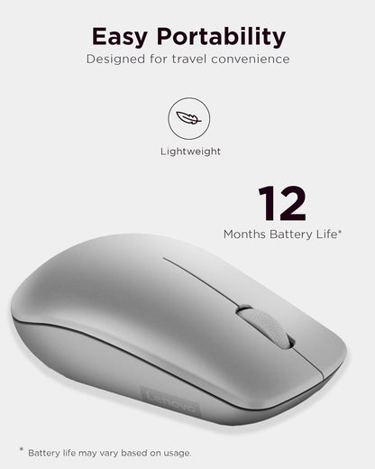 Lenovo 530 Full Size Wireless Computer Mouse for PC, Laptop, Computer with Windows - 2.4 GHz Nano USB Receiver - Ambidextrous Design - 12 Months Battery Life - Platinum Grey