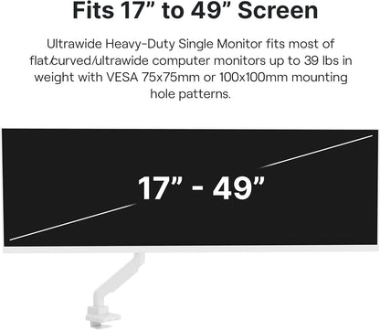 Pixio PS2S White Ultrawide Heavy-Duty Premium Single Monitor Arm Stand Desk Mount - Fits up to 49 inches Monitors, Weights up to 39lbs Flat / 31lbs Curved, Compatible with VESA 75x75 100x100mm