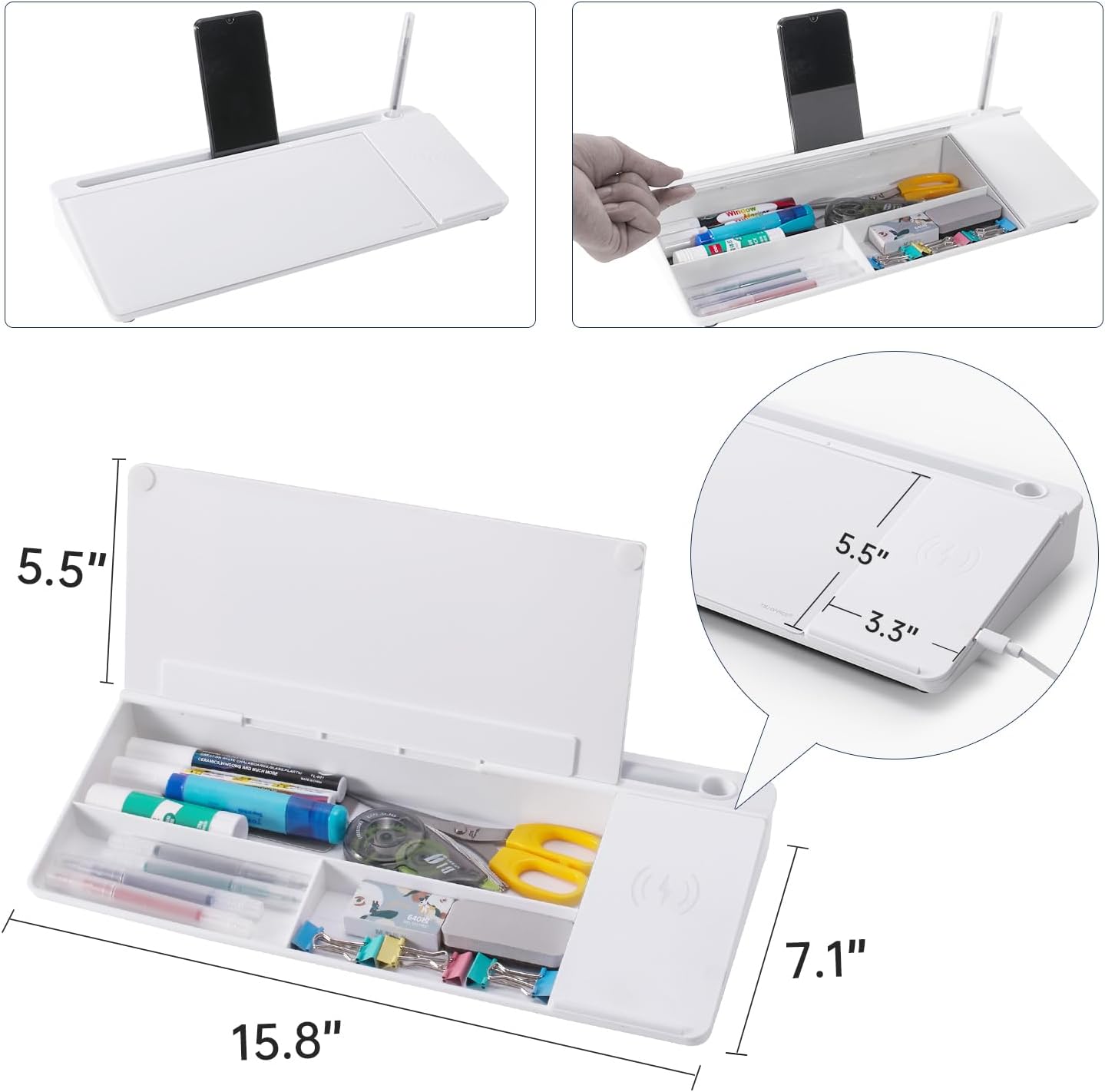 Small Glass Desktop Whiteboard Dry-Erase-Board - Computer Keyboard Stand with Wireless Charger White Board Surface Pad with Drawer, Desk Organizers with Accessories for Office, Home, School Supplies