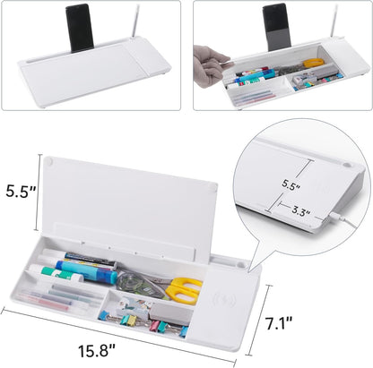 Small Glass Desktop Whiteboard Dry-Erase-Board - Computer Keyboard Stand with Wireless Charger White Board Surface Pad with Drawer, Desk Organizers with Accessories for Office, Home, School Supplies